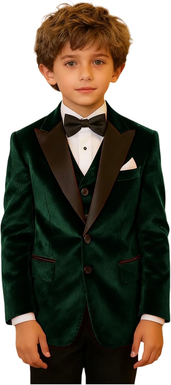 Kids Shinny Velvet Suit Blazer Vest Bow Tie Set Boys Formal Wedding Christmas Page Boy Photo Shoot