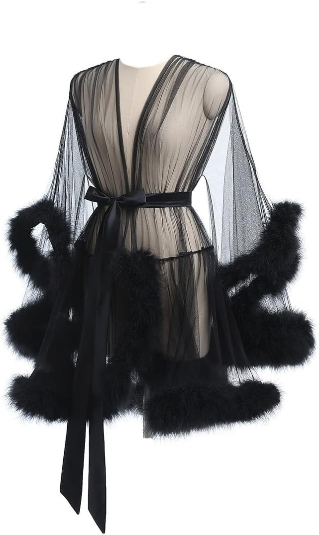 Robes For Women Tulle Robe with Faux Fur Trim, Sexy,Soft and Comfortable,Perfect for Spa Nights and Maternity Photoshoot