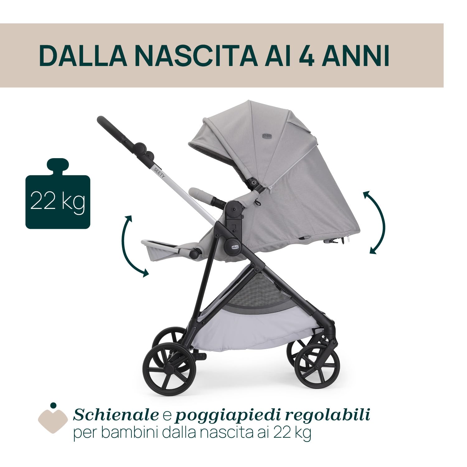 Chicco Passeggino Seety, Passeggino Leggero e Compatto Da 0 Mesi a 4 Anni, Portata Max 22kg, Passeggino Pieghevole, Schienale Reclinable, Chiusura Automatica in 1 Gesto, Capotte Parasole e Parapioggia