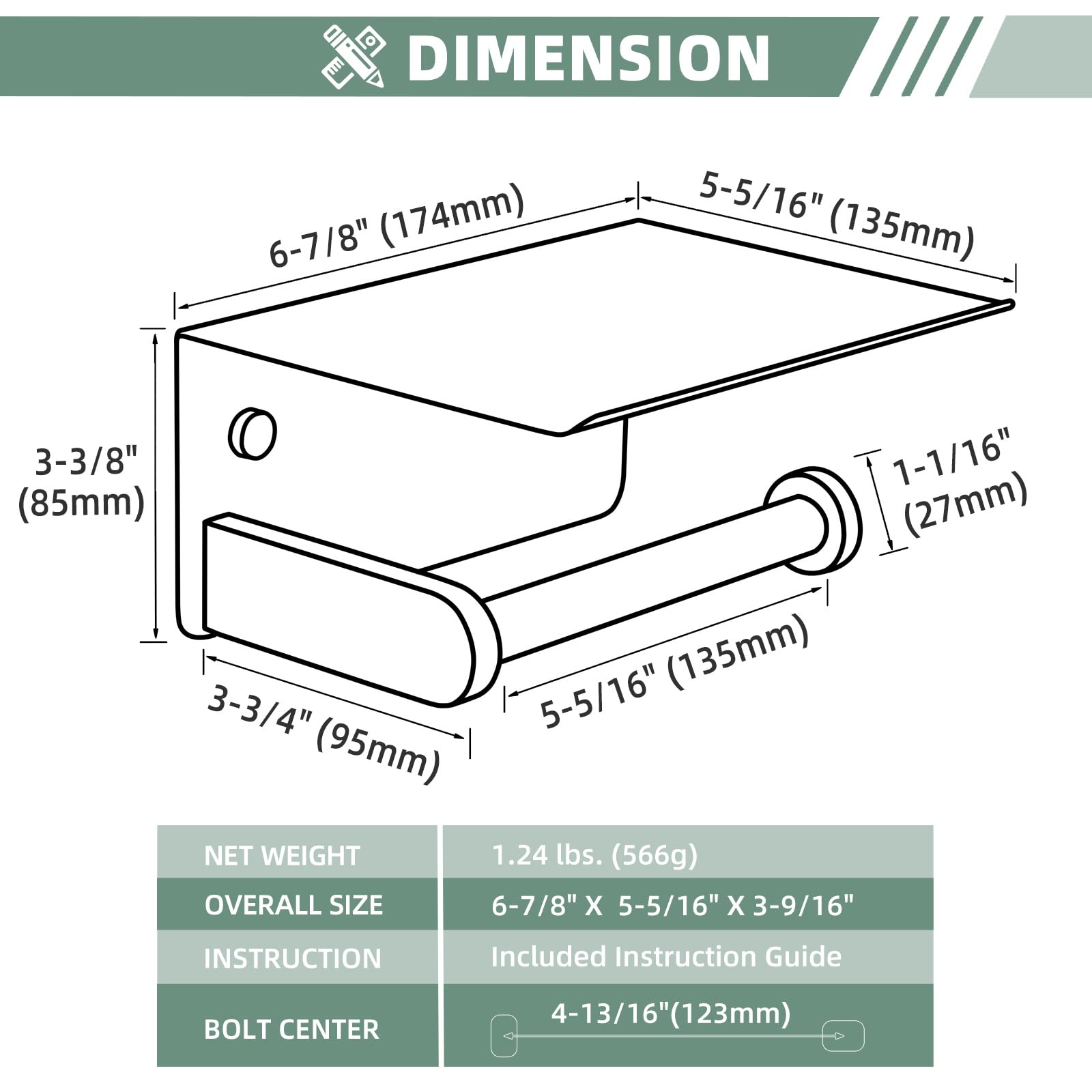Soporte de papel higiénico de níquel cepillado, soporte de rollo de papel higiénico de acero inoxidable SUS 304 con estante, montado en la pared 2