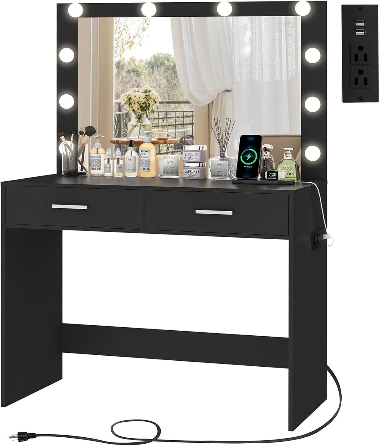 usikey Small Vanity Desk with Mirror and Lights, Makeup Vanity Desk, Vanity Table Set with 2 Drawer & Power Outlets, Adjustable Brightness for Women Girls, Bedroom, Black