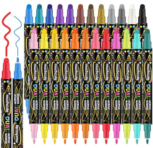 Acrylic Paint Pens Acrylic Paint Markers Set: 24 Dual Tip Acrylic Markers Wood Rock Painting Kit Wine Glass Fabric Permanent Clothes Plastic Canvas Ceramic Scrapbook Fine Gel Arts Crafts Supplies Kids