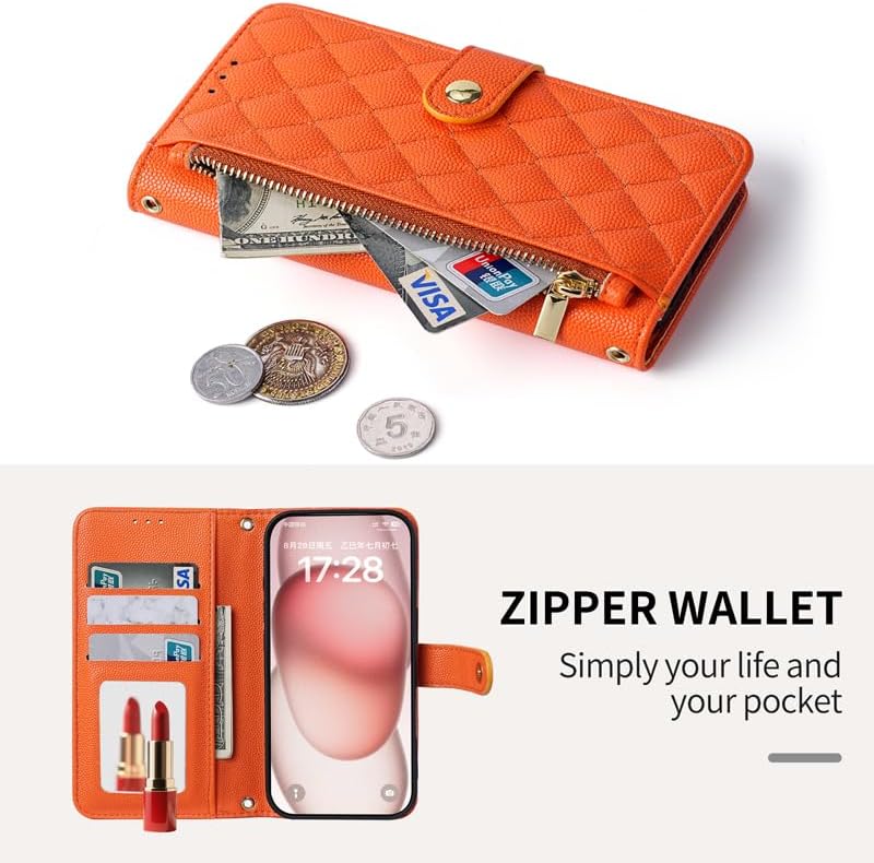 Designed for for Google Pixel 10a Luxury Quilted Leather Crossbody Wallet Case with Card Slots Zipper Pocket Mirror Kickstand and Wristlet/Shoulder Strap - Orange