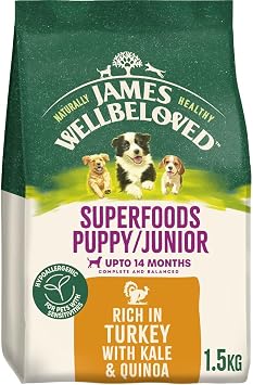James Wellbeloved Dog Superfoods Hypoallergenic Dry Food Puppy or Junior Turkey Kale and Quinoa 1.5 kg