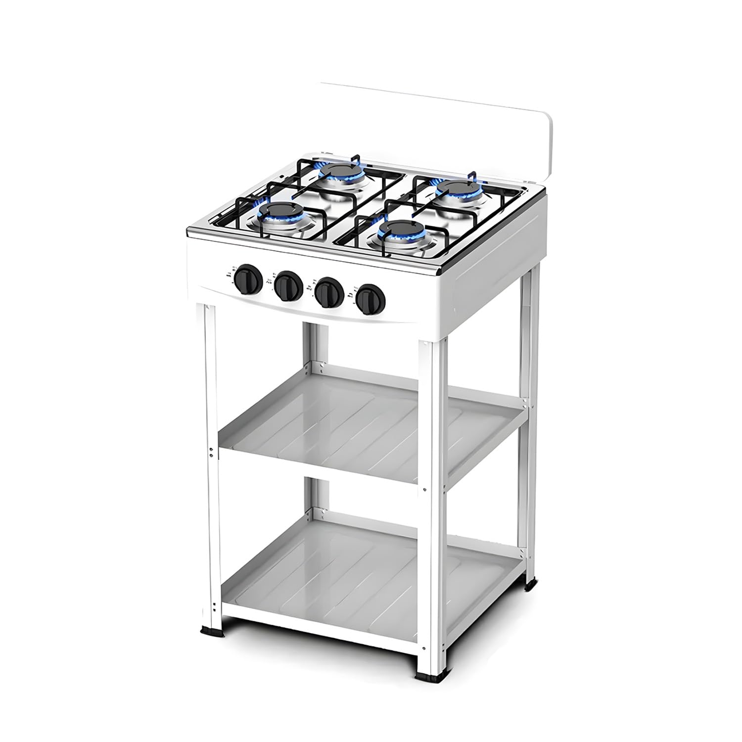 Avilia - Piano Cottura 4 Fuochi Gas per Esterno con Struttura Resistente in Metallo, Ripiani Laterali in Acciaio, Collegamento Bombola GPL, Ideale per Campeggio e Grigliate (Bianco)