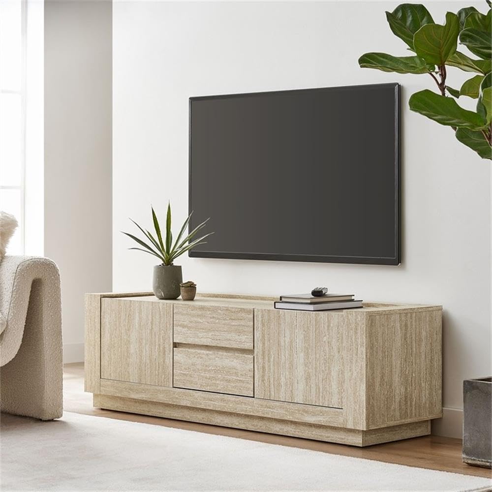 Pemberly Row Modern Wood TV Stand, 59 in Media Console, Travertine Laminate Finish, 2 Doors, 2 Drawers, Plinth Base, Contemporary Entertainment Center for Living Room or Home Theater Storage