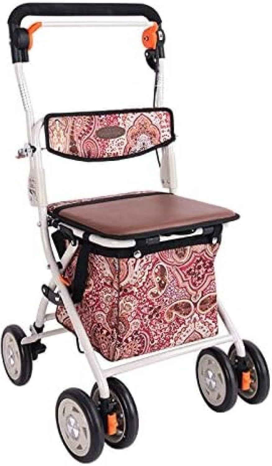 Andador plegable con asiento, ligero, altura ajustable, asiento acolchado, cesta de transporte, frenos bloqueables, fácil almacenamiento y transporte