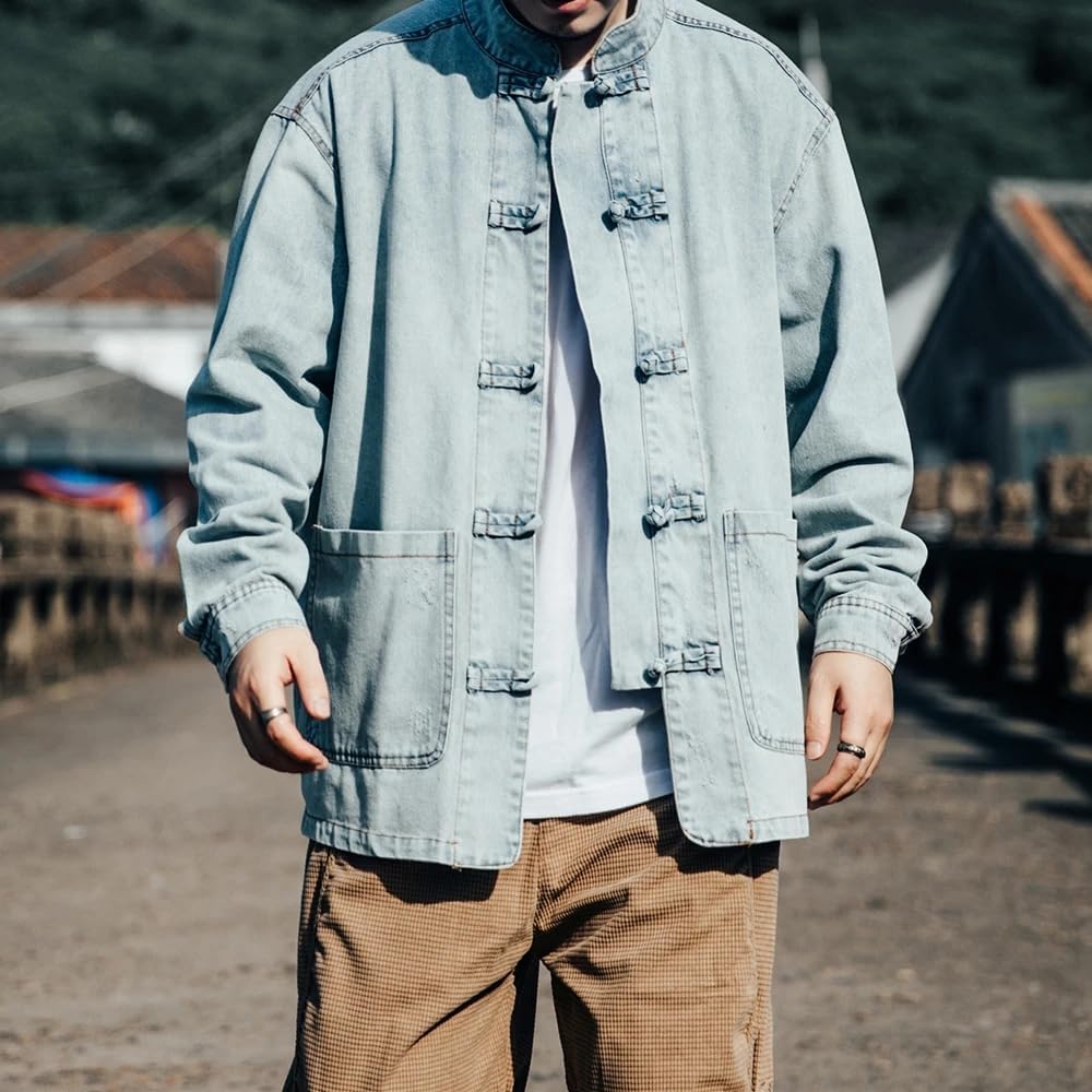 Chinese Style Loose Plus Size Denim Coat Spring Autumn Vintage Casual Stand Up Collar Jackets For Men