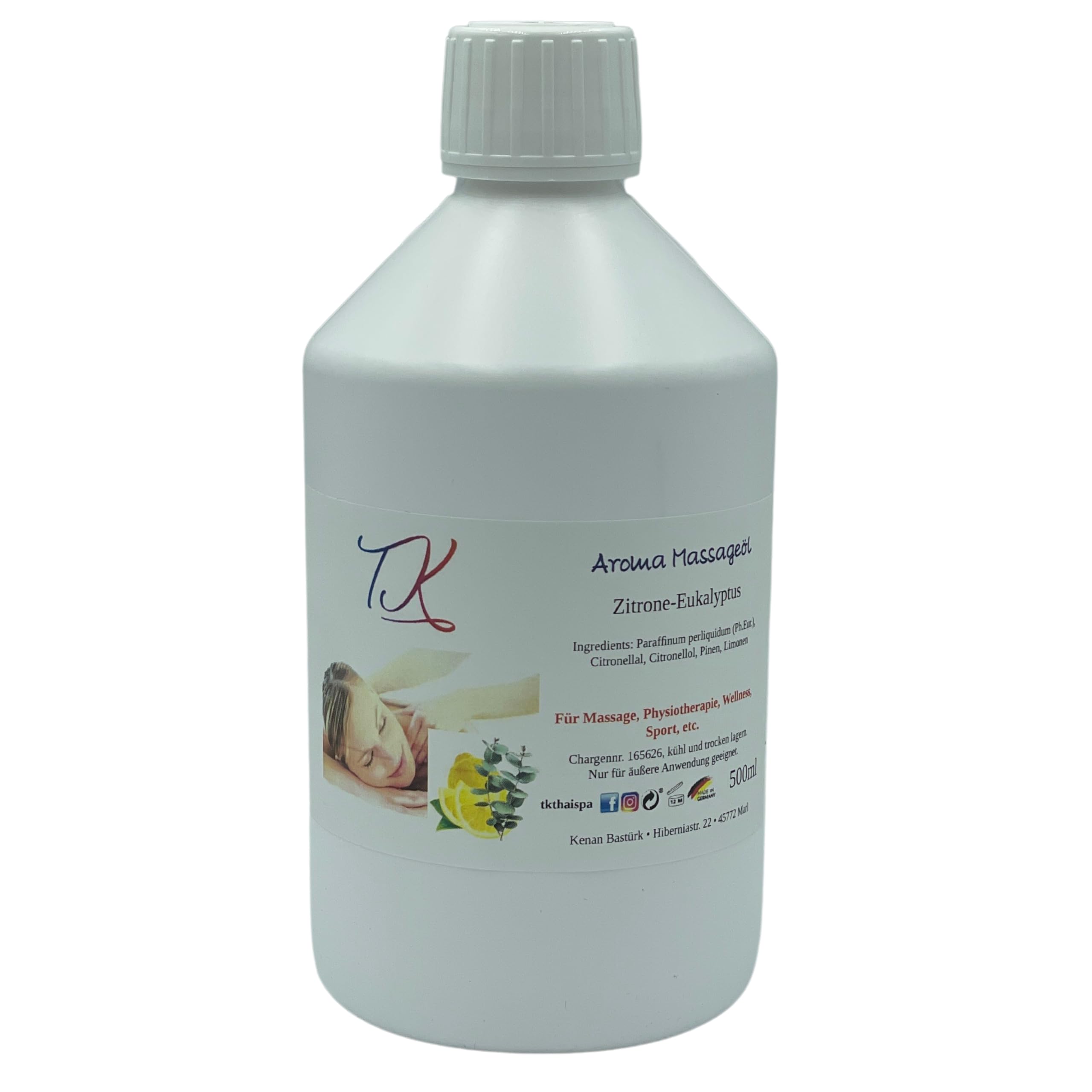 Juego de 12 aceites aromáticos para masaje, fisioterapia, bienestar, deportes, etc. (2 x 500 ml) en calidad farmacéutica (1000 ml, lavanda y limón de eucalipto)