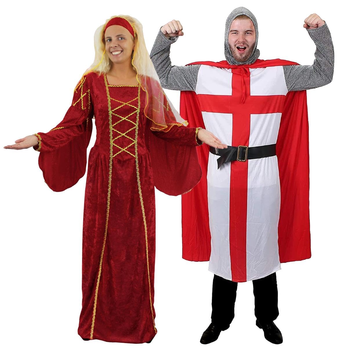 Medieval Queen & Knight Fancy Dress Couples Costumes - Red Renaissance Fair Tudor Era Outfit St George's Flag Cross Royal Sports Supporters Party