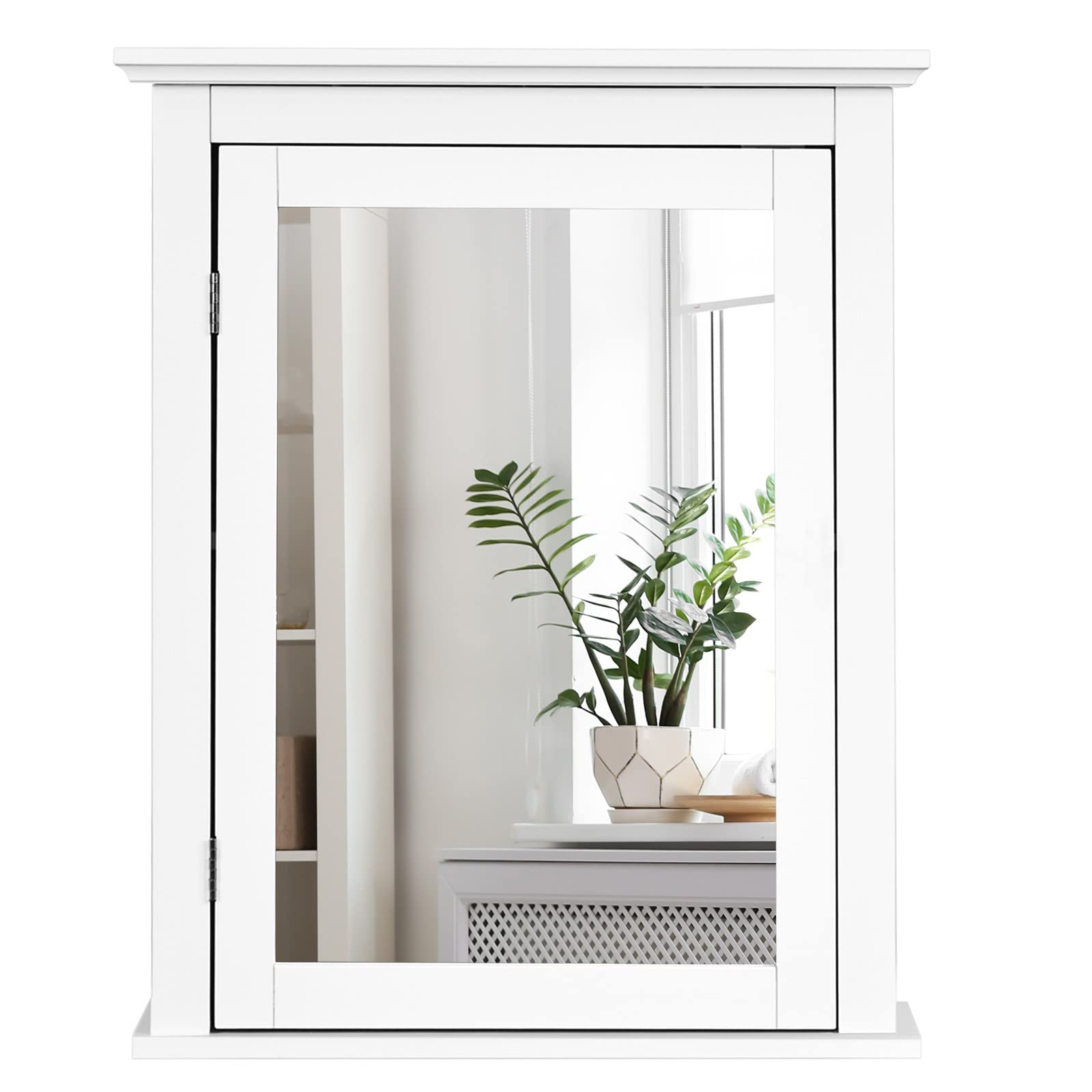 LIFEZEAL Armario con Espejo para Baño, Armario de Pared de Madera, Armario de Pared con Espejo, Organizador con Espejo para Baño con Estante Ajustable en Altura, 56 x 15 x 70 cm (Blanco)