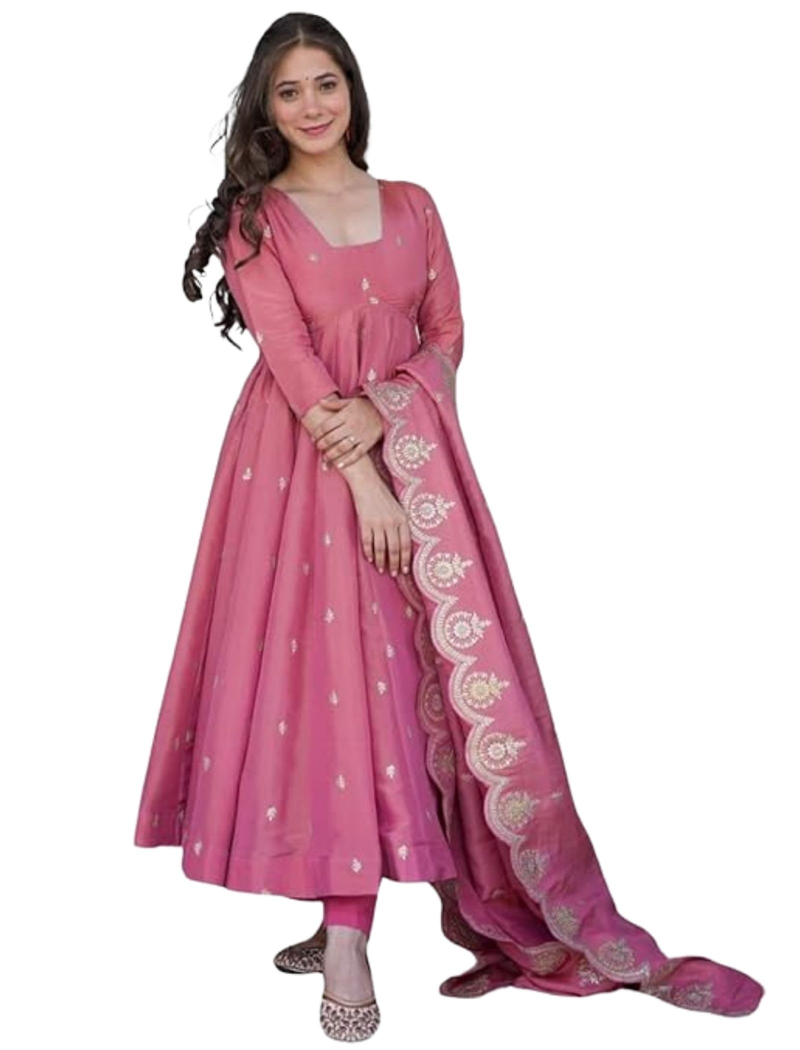 estela Women's Cotton Flared Anarkali and Pant Set with Embroidery Work Solid Pattern Calf Length 3/4th Sleeves Square Neck and Dupatta-picture-38
