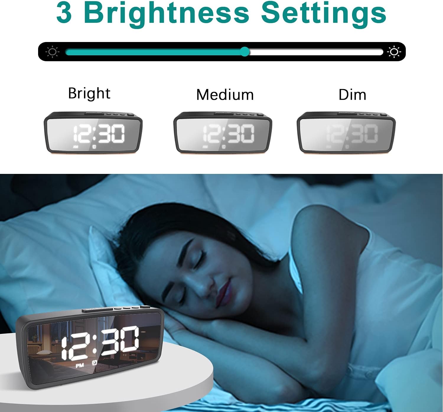 VAUNO Digital Alarm Clock showing three brightness levels: Bright, Medium, and Dim