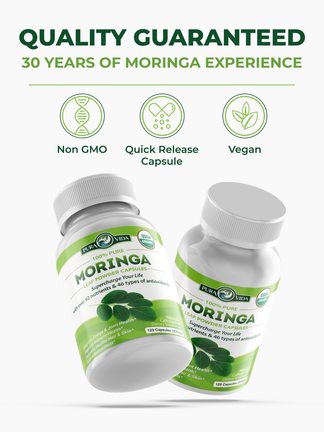PURA VIDA MORINGA Organic Moringa Capsules, Pure Moringa Leaf Powder Single Origin for Energy, Metabolism & Immune Support, 120ct, 500mg Caps - Image 4