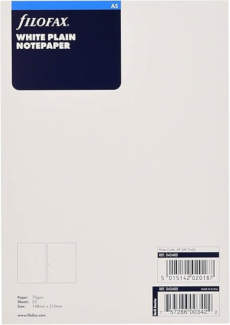 A5 Filofax White Plain Note Paper Accessory Refill Insert Replacement 342405