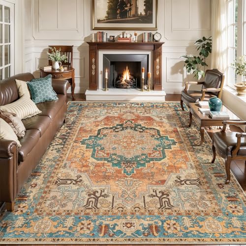 Image of Orange 8x10 Washable Area Rugs for Living Room,Vintage Non Slip Large Rug