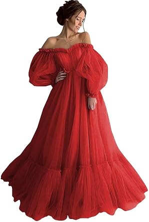 Puffy Sleeve Tulle Prom Dresses 2026 Long Lace Ball Gown Off Shoulder Formal Dresses for Women Evening Party