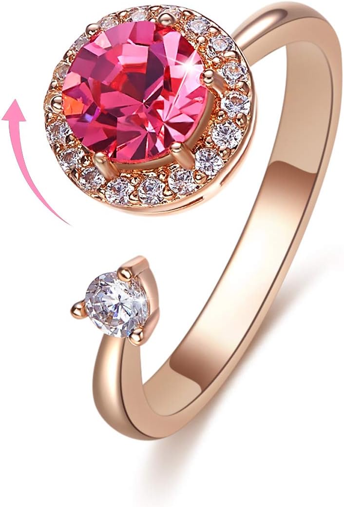 CRYSLOVE Womens Fidget Ring Rotating Crystals Open Ring Rose Gold Plated Adjustable Romantic Birthday Rotatable Rings
