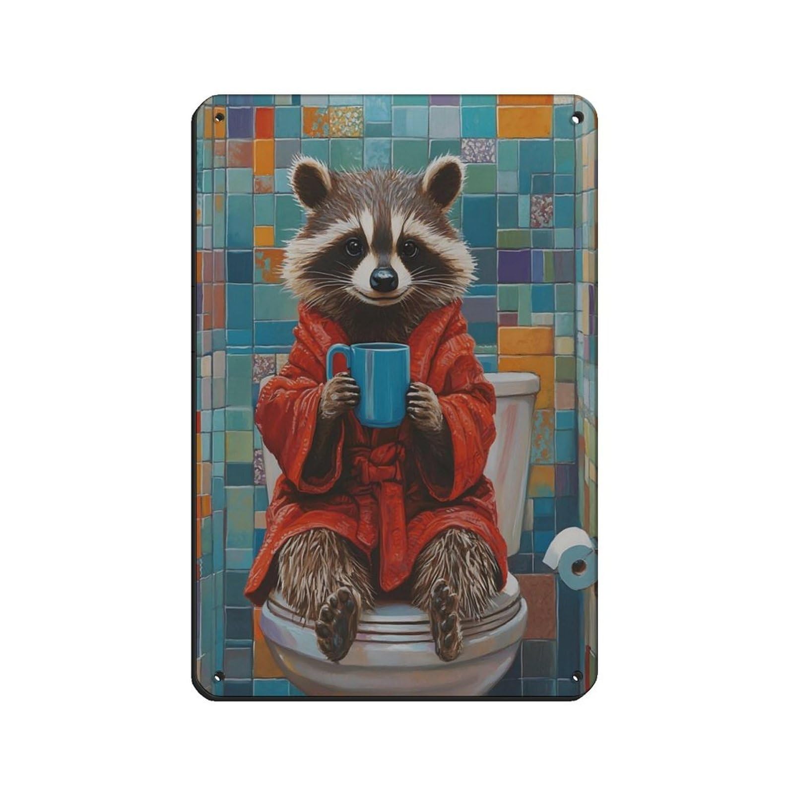 Cute Raccoon, Raccoon in Bathroom Retro Poster Metal Tin Sign Chic Art Retro Iron Painting Bar People Cave Cafe Family Garage Poster Wall Decoration 8x12inch(20x30cm)