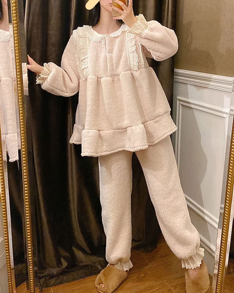 Donna Principessa Vittoriana Carino Dolce Sciolto Pigiama in Pile 2 Pezzi Top e Pantaloni Cozy Flanella Loungewear Sleepwear Tinta Unita Indumenti da Notte Abbigliamento per la casa