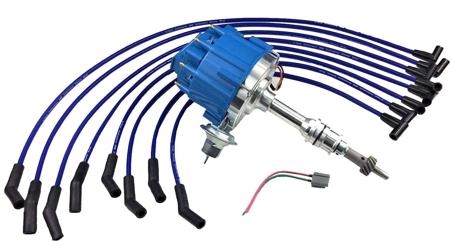 A-Team Performance - HEI Distributor 65K Volt Blue Cap, 8mm Silicone Spark Plug Wires Blue and Pigtail Wiring Harness Kit - Compatible with SBF Small Bock Ford 221 260 289 302