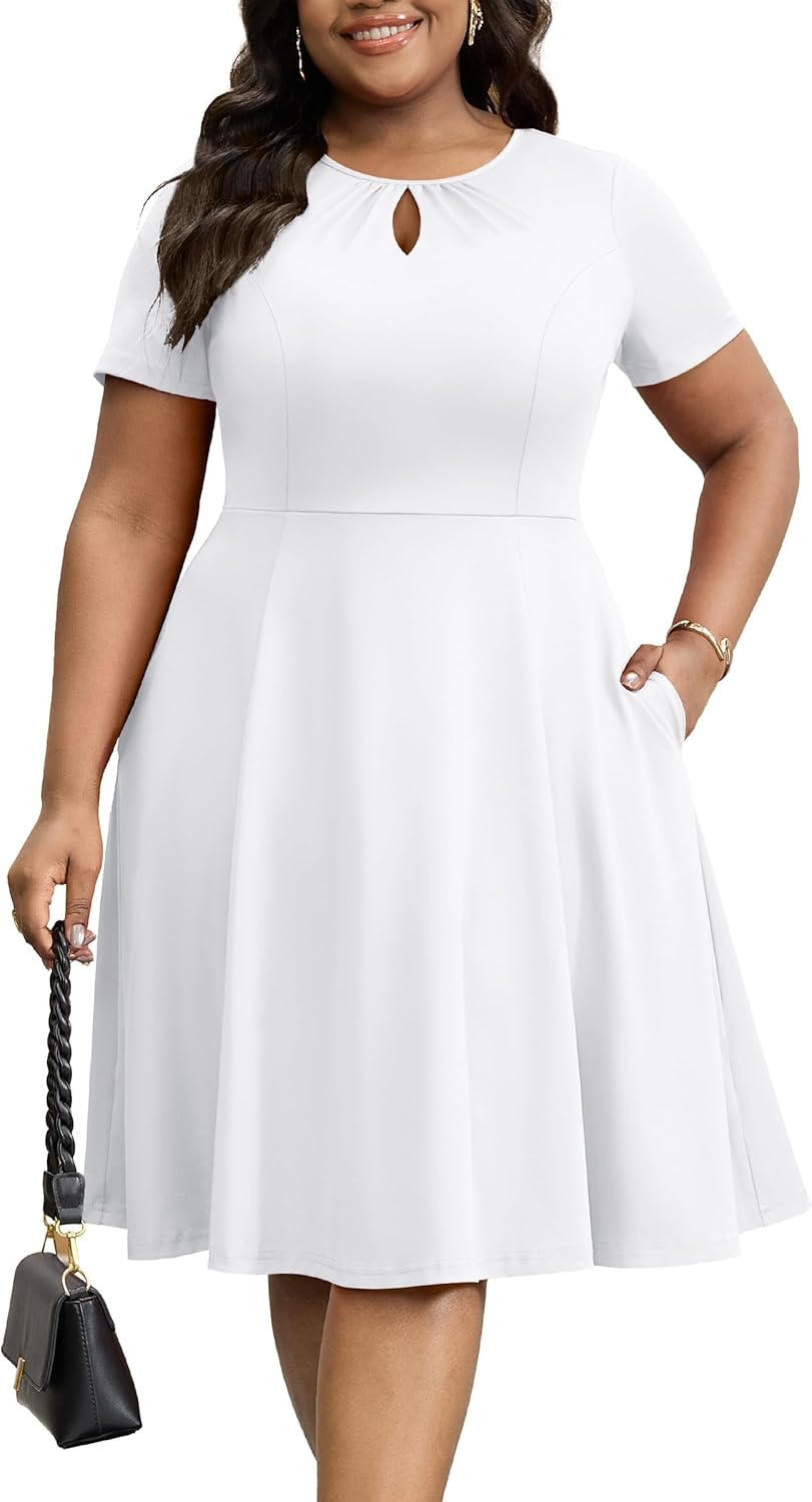 Nmoder Plus Size Dress for Women - Casual Short Sleeve Keyhole A-Line Church Work Summer Midi Dresses with Pockets