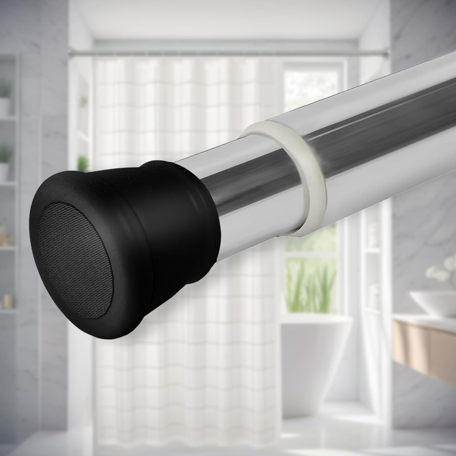 Sittella (85Cm To 140Cm) Extendable Shower Curtain Tension Rod Non-Drilling Anti-Skid Spring Pull Rod -Stainless Steel, Silver-Black