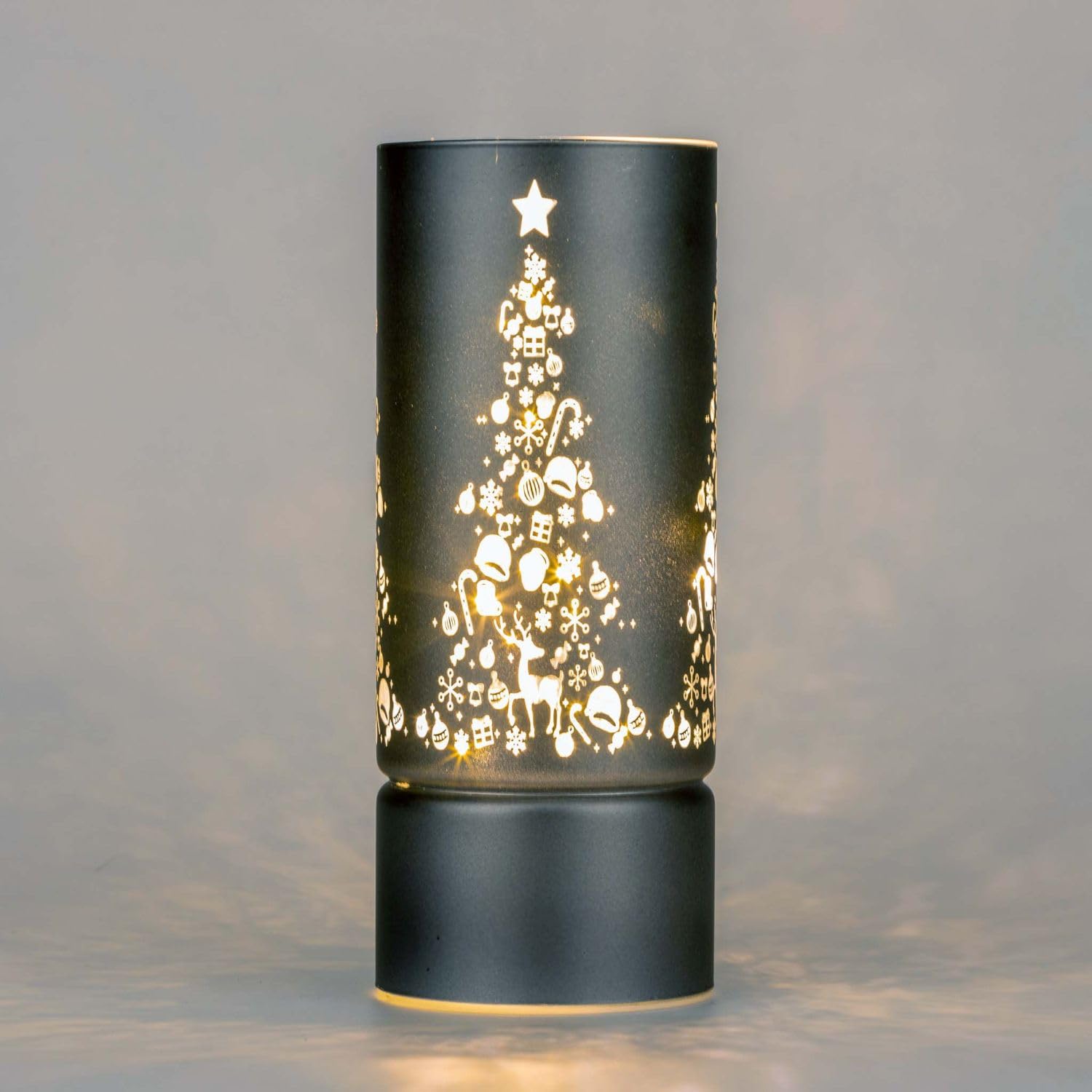 22cm Christmas Decorated Vase Table Lamp Etched Glass Tube Xmas Grey Cylinder LED Fairy Lights Battery Operated Table Decoration