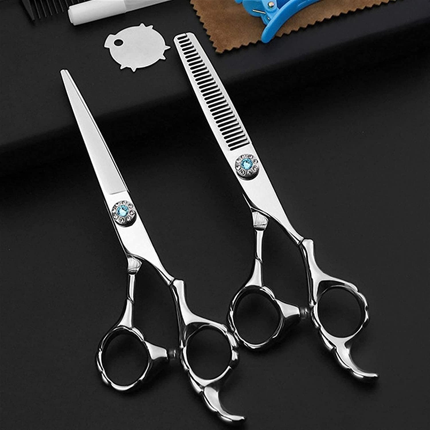 ヘアカットシザーキット 6.0インチ シルバー 2ピースセット フラットシザー バングス T ヘアドレッシングシザー 理髪シザー ヘ