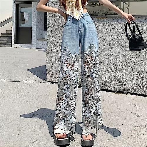 Summer Loose and Versatile Hollow Out Lace Stitching Denim Pants Women High Waist Wide Leg Pants Casual Trousers2