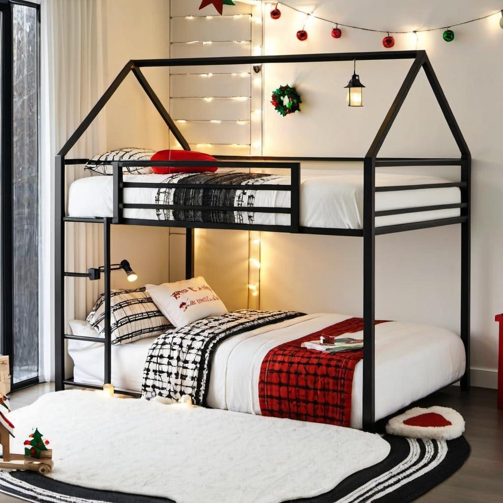 PVWIIK Bunk Bed Full Over Full for Girls,Boys,Full House Bunk Bed Frame with Guardrail & Ladder,Noise-Free,Easy Assemble,No Box Spring Needed,Black