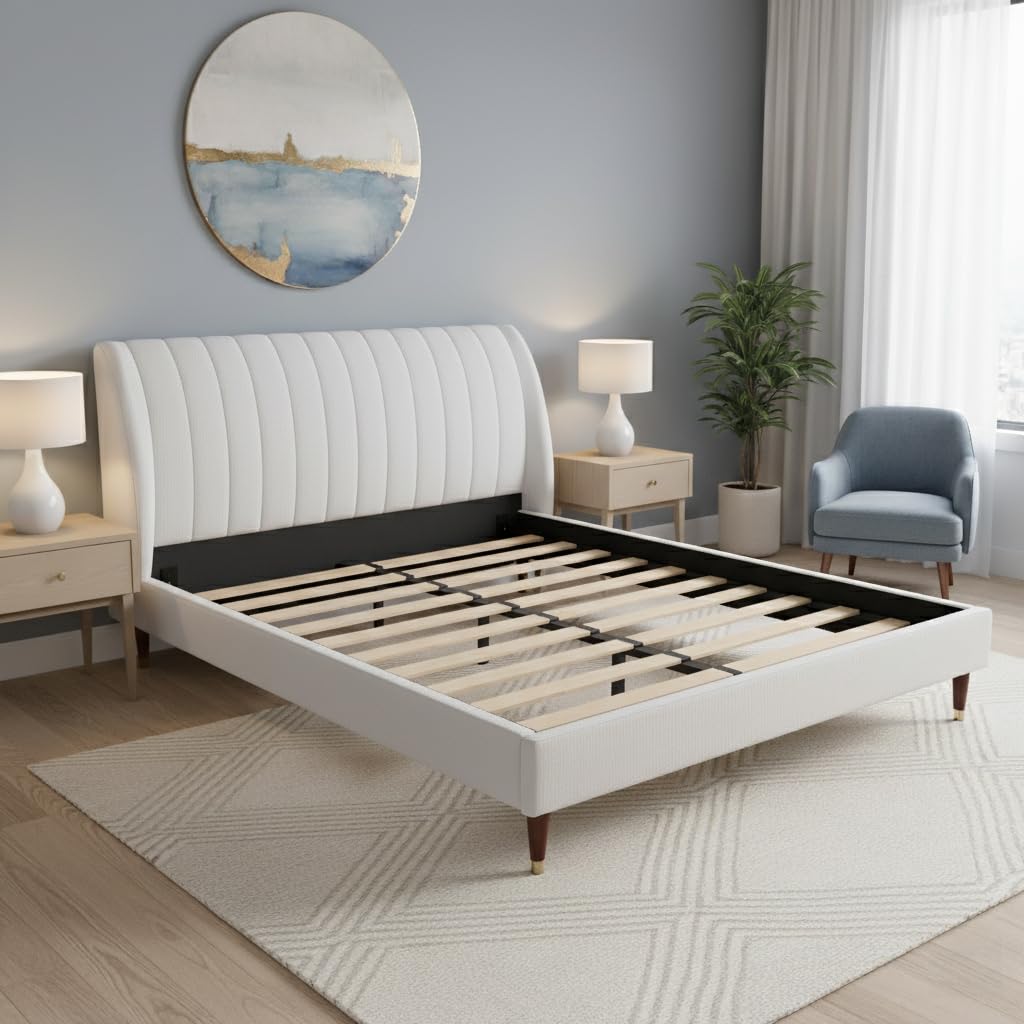 ((incomplete box 1/2)) AC Pacific Low Profile Upholstered Wingback Platform Bed Frame with Elegant Channel Tufted Design, Durable Bedroom Furniture with Wood Slat Support, No Box Spring Needed, Queen, Beige