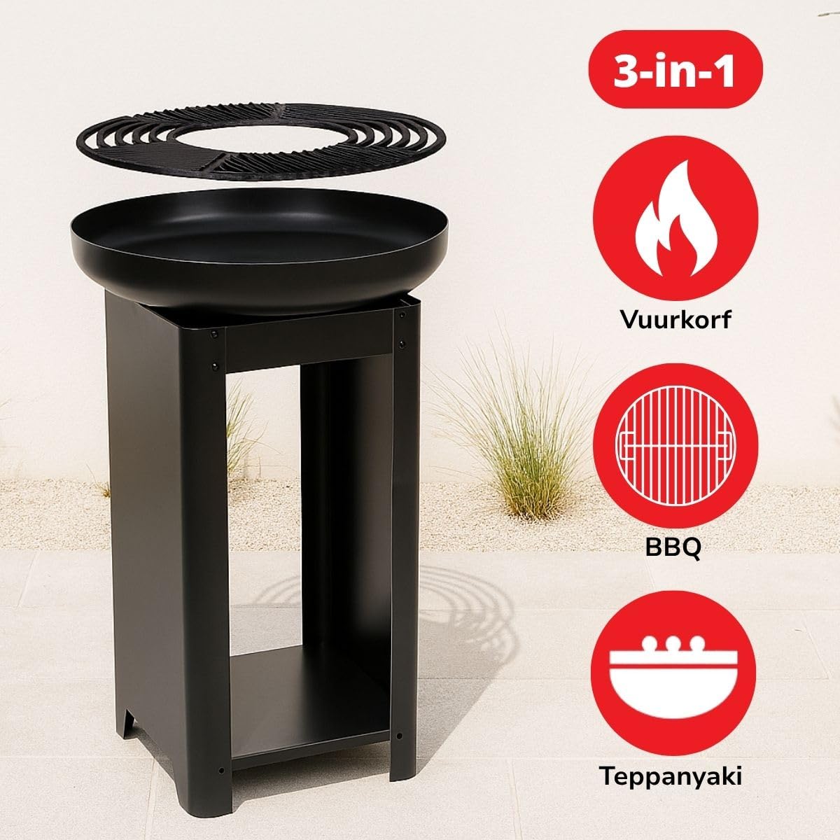 BBQ Collection 3-in-1 Feuerschale mit Grillrost - Feuerkorb 61 x 90 cm - Outdoor Küche mit Teppanyaki und BBQ Grillplatte - Plancha BBQ mit Holzlagerplatz - Gartenkamin für Außen - Metall