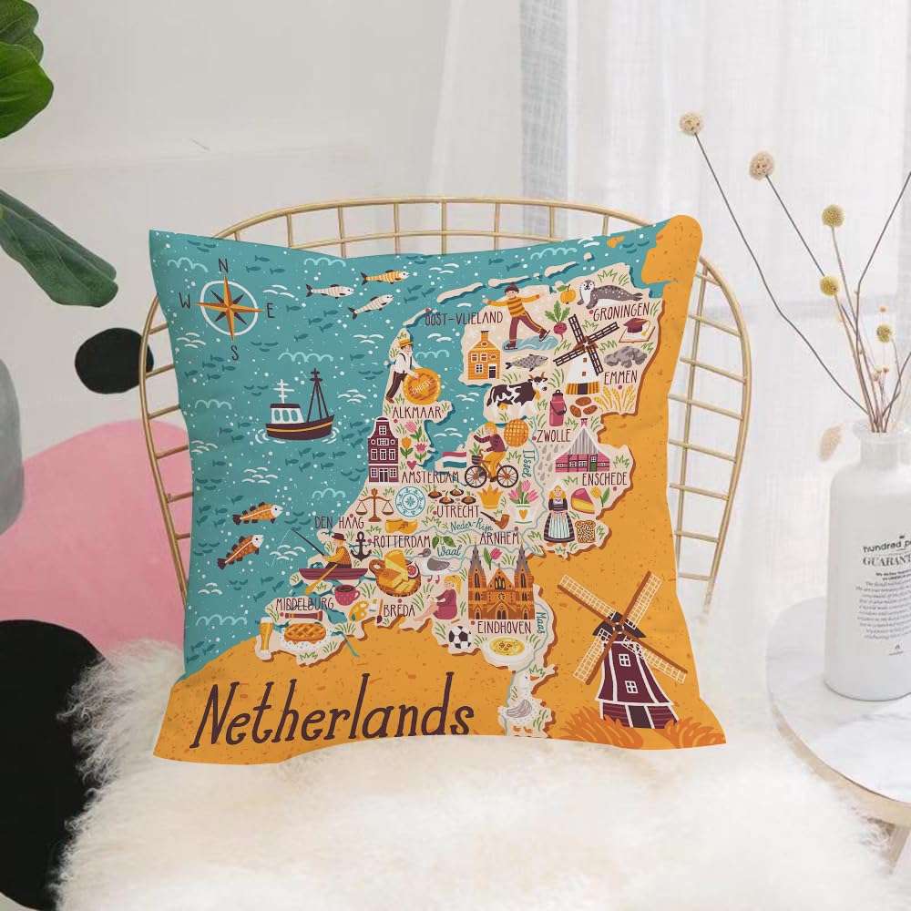 HYMSXW Cushion Cover,Throw Pillow Case Home Decorative for Living Room Bedroom Sofa Chair 20X20 Inch,Travel illustration with dutch landmarks people traditional holland food.,Pillowcase 50X50cm
