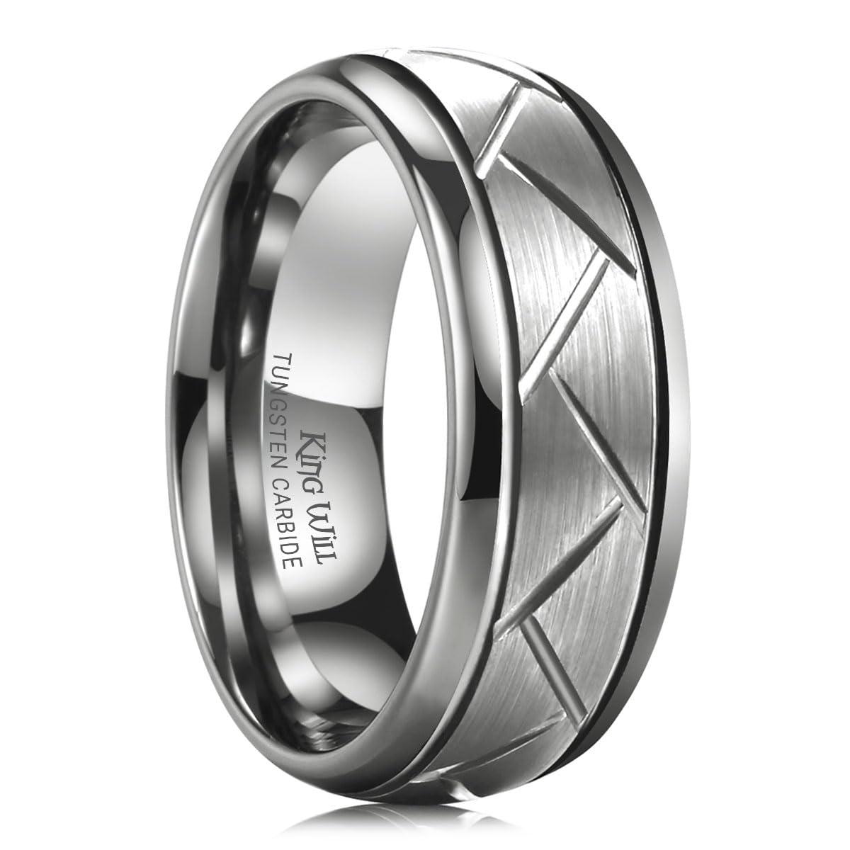 King Will Classic 8mm Tungsten Carbide Ring Black/Silver/Gold Brushed Two Grooved Center Hammered Design Mens Wedding Band for Men