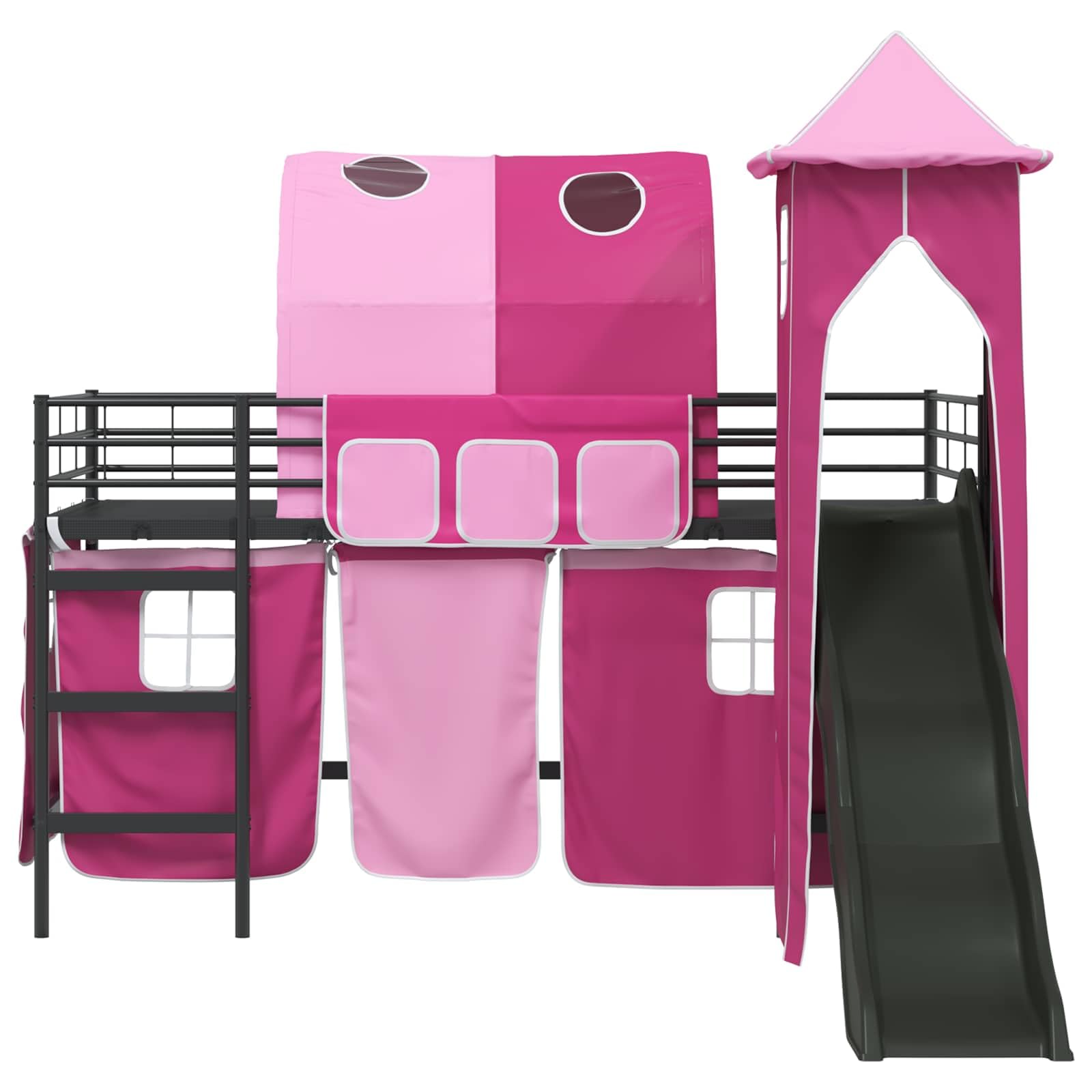 Kinderloftbett Metallbett Schwarz und Pink 80 x 200 cm mit Lattenrost und Matratze, Hochbett mit Vorhängen, Rutsche und Turm für Kinderzimmer, stabiles Bettgestell für Jugendzimmer