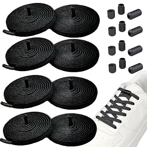 4 Pairs No Tie Elastic Laces for Trainers Black, Elastic Running Shoe Laces Lock Tieless, Running Trainer Laces Shoelaces Without Knot for Football Boots Trainer Hiking Waking Athletic Sneaker Shoe