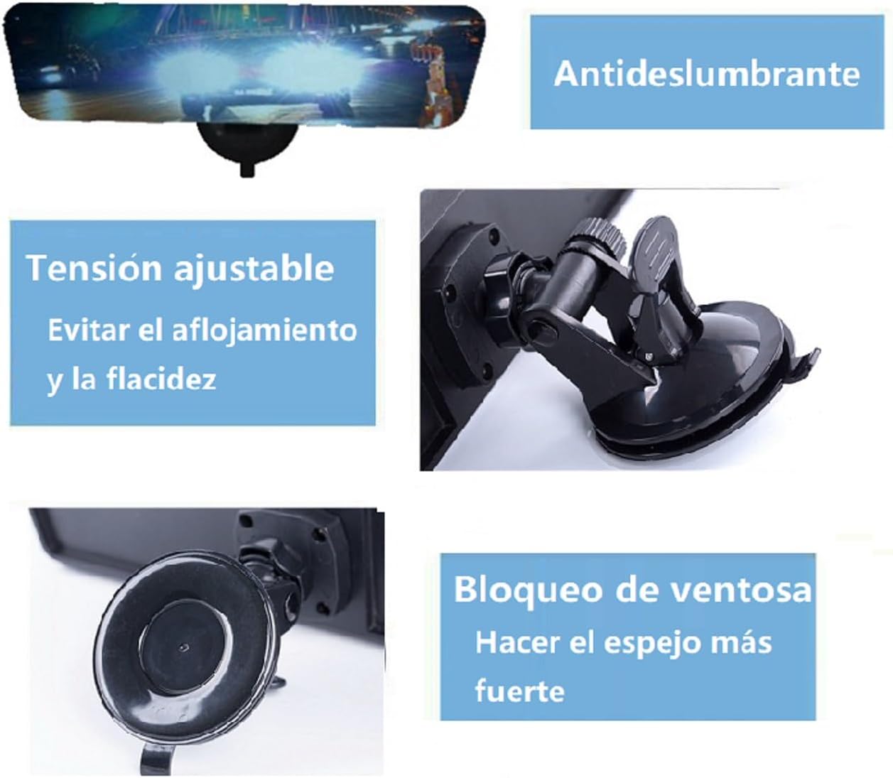 Anti-Glare Trapezoid Rearview Mirror, Universal Suction Cups, Wide Angle Flat Mirror (11", Frameless)