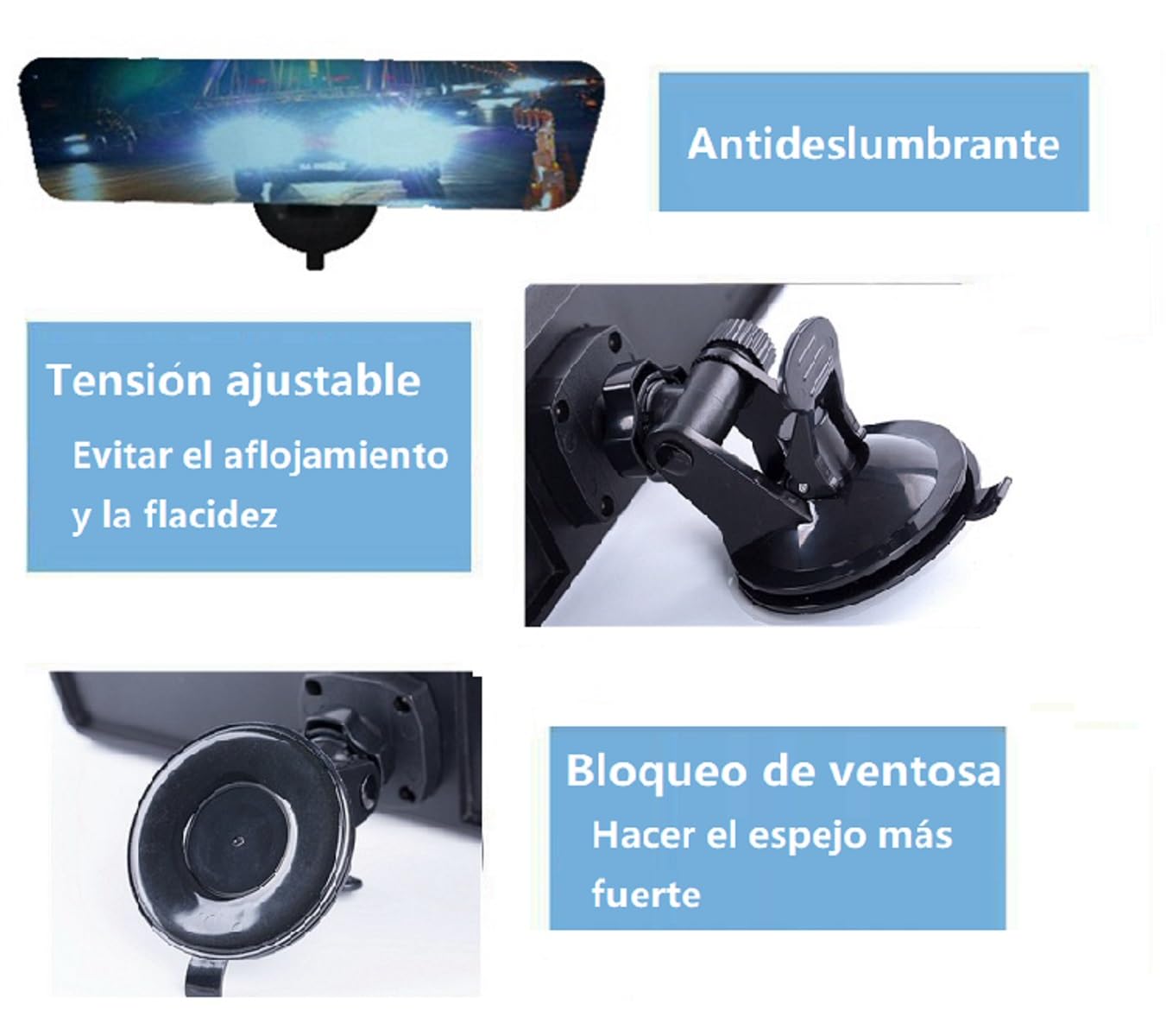 24 * 6,5cm Espejo Retrovisor Cuadrado Antideslumbrante sin Marco con Ventosa, Espejo Azul Universal de Coche, Espejo Plano de Gran Ángular, Eje Cardán con Ángulo Ajustable