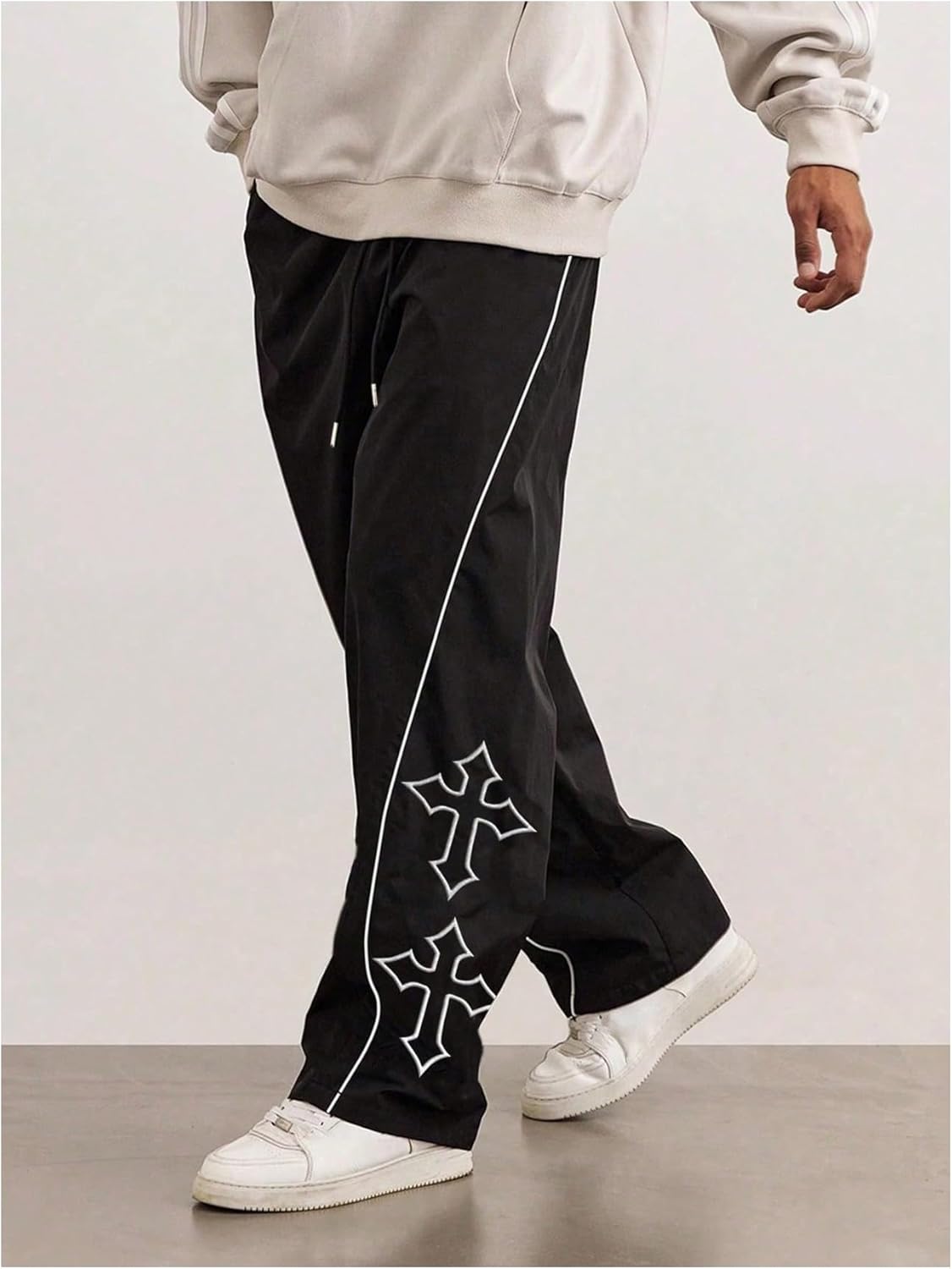 SHENHE Men's Casual Cross Print Loose Pants Straight Leg Drawstring Baggy Pant Trousers - Image 2
