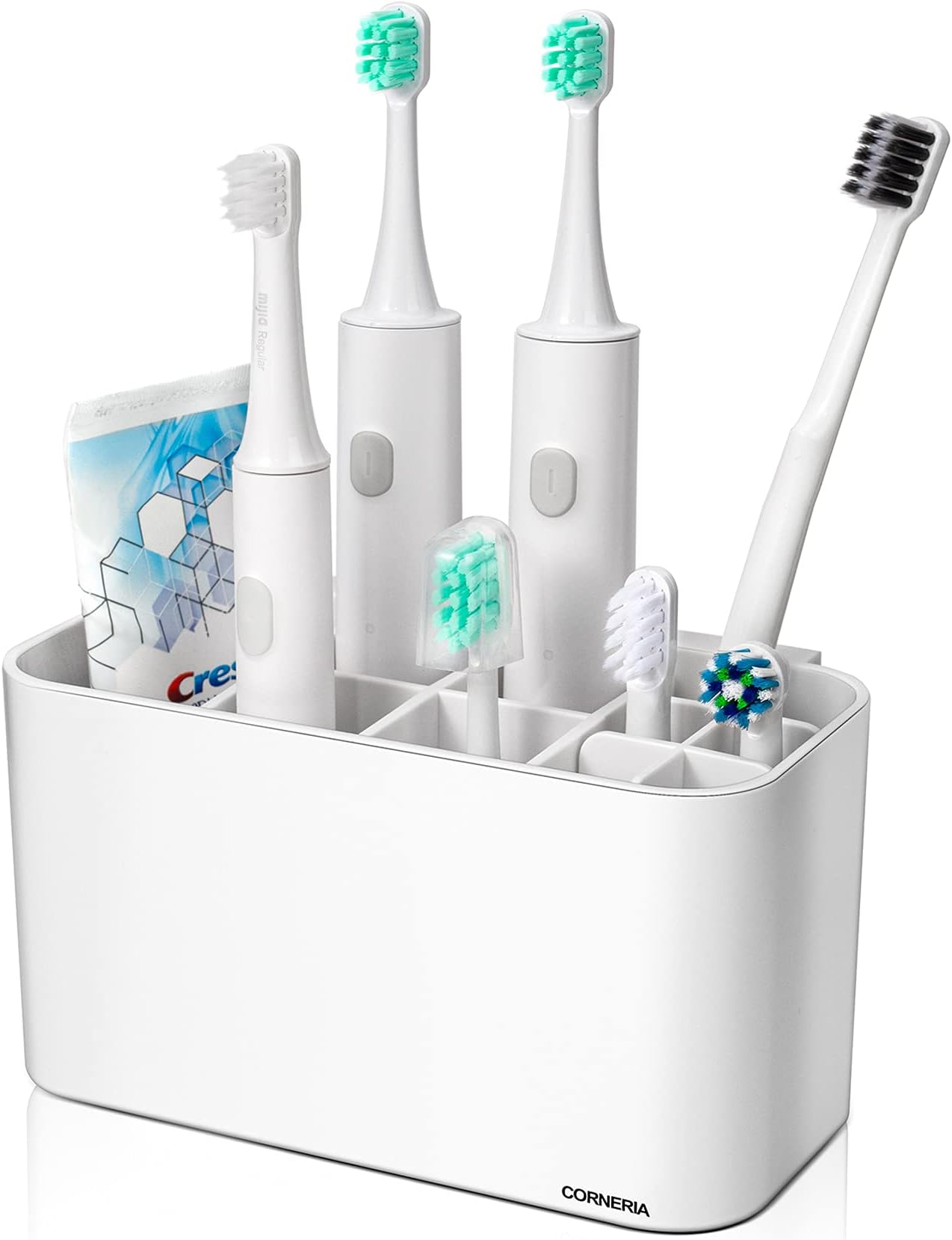 CORNERIA Toothbrush Holder - Bathroom Wall Mounted Toothbrush Caddy - Toothpaste Stand (4 Toothbrush slots + 6 Electric toothbrush heads) (White)