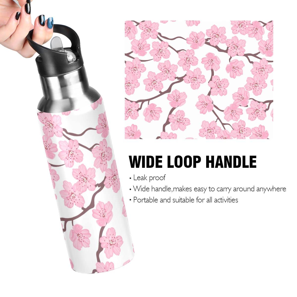 Edelstahl-Wasserflasche mit Strohhalm, blühende rosa Sakura Frühling isolierte Trinkflasche Sport Wasserflasche für Kinder Erwachsene, auslaufsicher, 1L