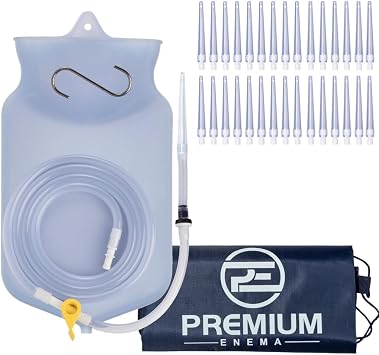PE Premium Enema Clear Silicone Bag Kit with 30 Pack Replacement Flexible Tips with Connectors. Suitable for Coffee and Water Colon Cleansing. 2 Quart Capacity, 6.75 Foot Long Hose, 7 Tips