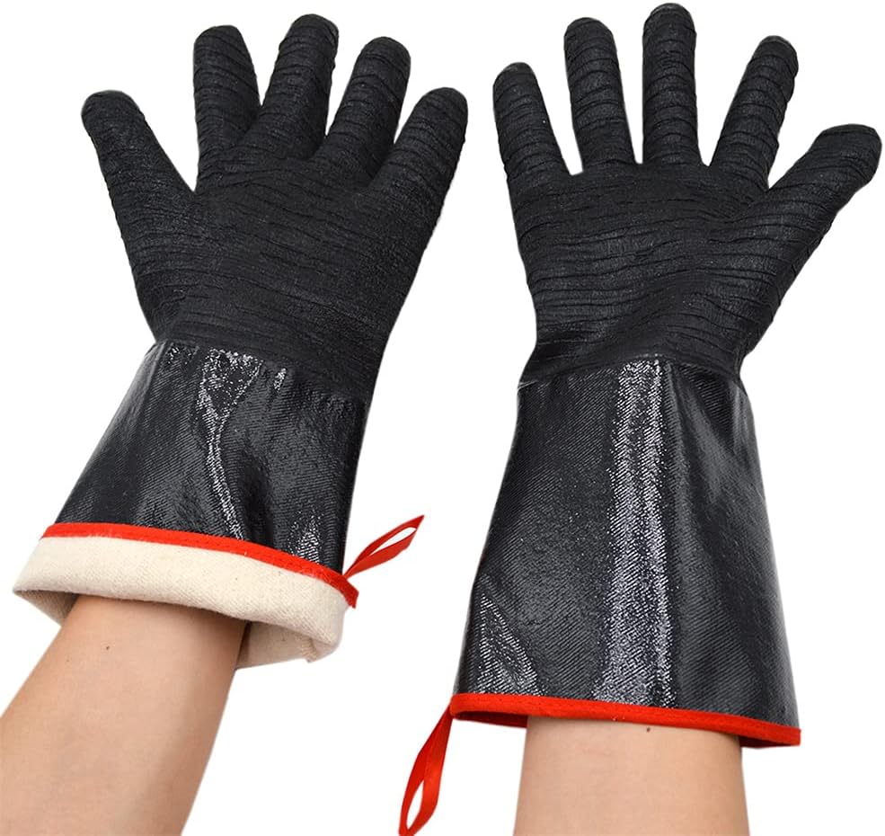BBQ Gloves 14 Inches,932℉,Heat Resistant, Grill, Cooking Barbecue, to Handling Heat Food Right on Your Fryer,Grill,Oven.Waterproof,Fireproof,Oil Resistant Neoprene Coating （2 Pairs） (Long-14 inches)