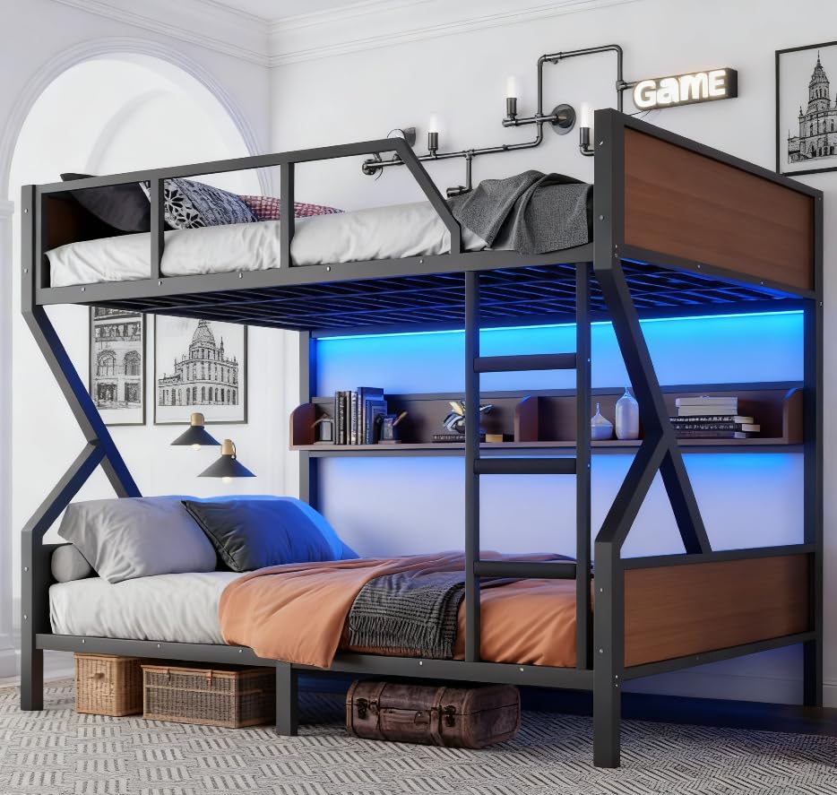 Bellemave Bunk Bed Queen Over Queen with LED, Heavy Duty Metal Bunk BedFrame with Storage Shelves and Lights, Black