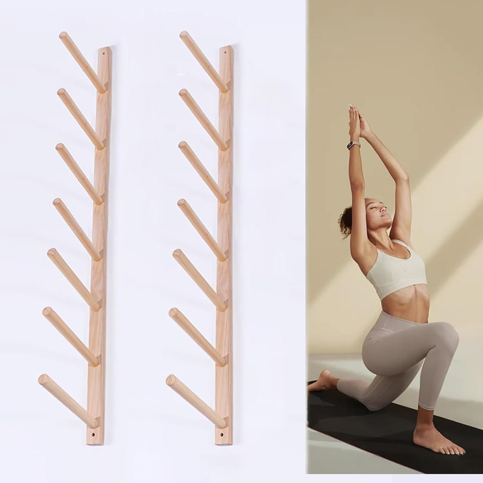 Support mural pour tapis de yoga en bois et rangement 1 niveau
