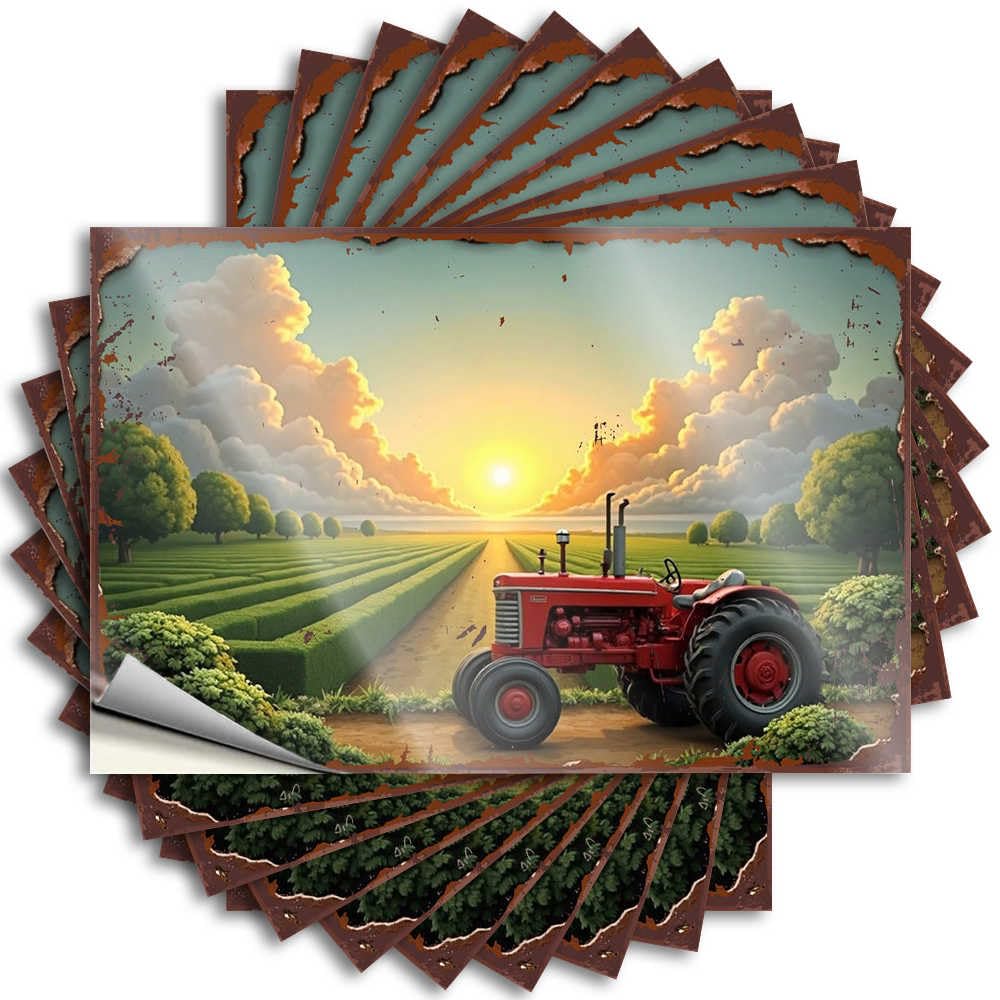 Shower Decor Hard Decals - Red Tractor On A Serene Farm Path At Sunset Big Durable Sticker Easy Apply for Water Decor(12X18CM)