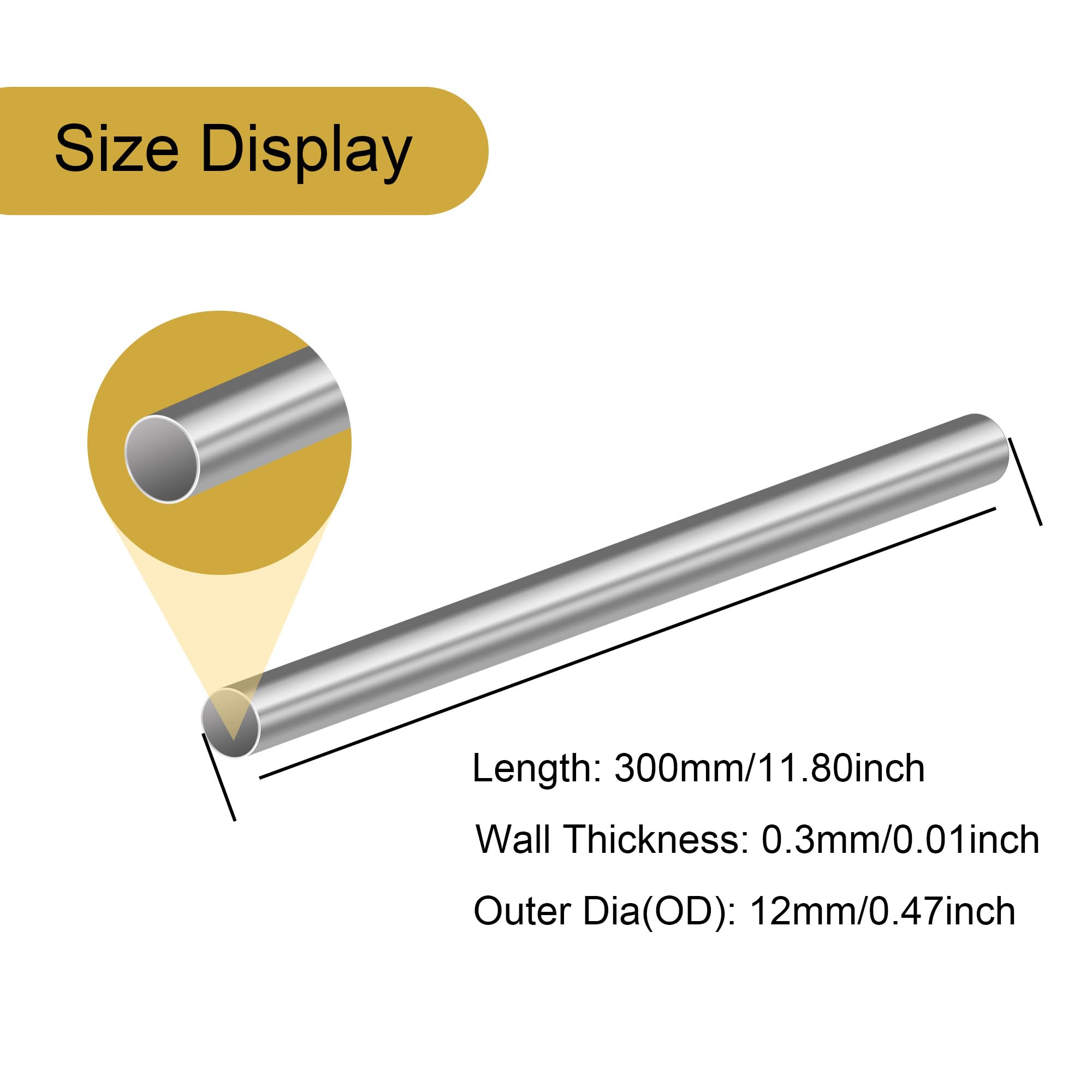 Tube en acier inoxydable 304 de 12 mm (diamètre extérieur) x 0,3 mm (épaisseur de la paroi), 300 mm (0,3m) de long, LAVMHAB tube en acier inoxydable rond sans soudure (lot de 4)