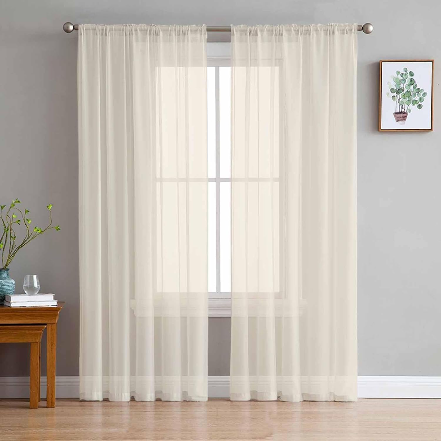 Modern Solid Color Cream Art Chiffon Sheer Curtains 63 Inches Long, Simple Minimalist Style 2 Rod Pocket Window Treatment Voile Drapes Curtains for Living Room Bedroom,2 Panels,52x63In