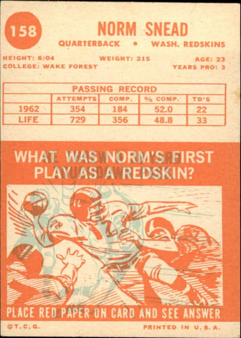 1963 Topps Series 2 Football #158 Norm Snead SP Wash DC Football Club Official NFL TCG Trading Card (SCAN SHOWS ACTUAL CARD YOU WILL RECEIVE)
